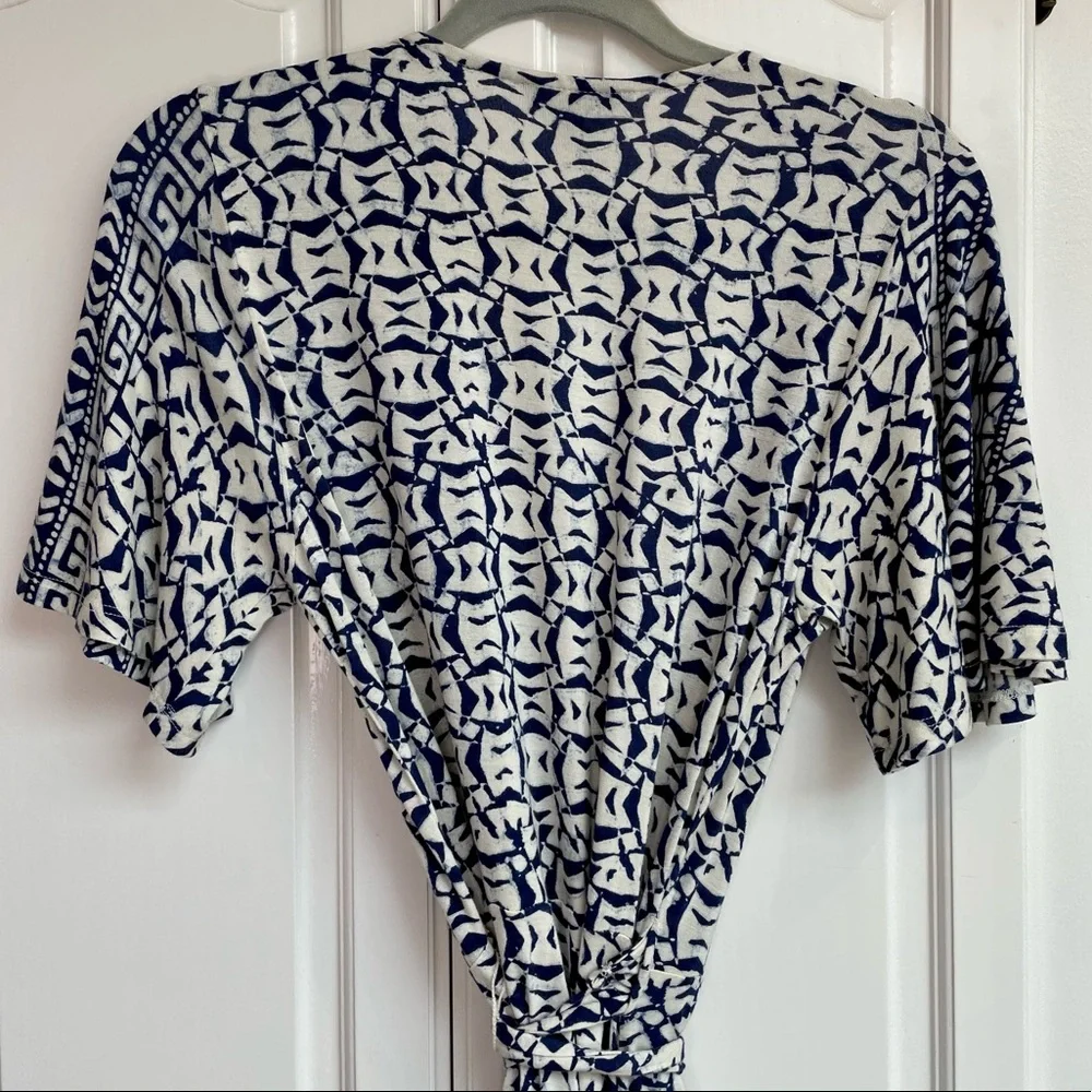 Lucky Brand Boho Blue & Cream Geometric Print Wrap Maxi Dress Size Small - Picture 5 of 11